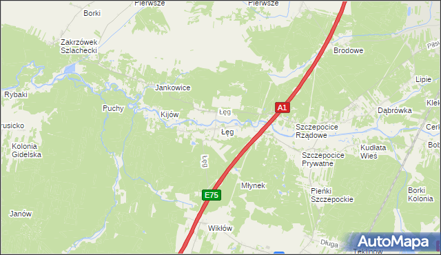mapa Łęg gmina Kruszyna, Łęg gmina Kruszyna na mapie Targeo