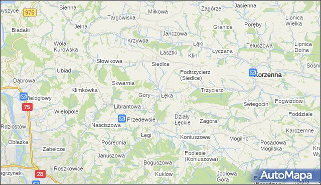 mapa Łęka gmina Korzenna, Łęka gmina Korzenna na mapie Targeo