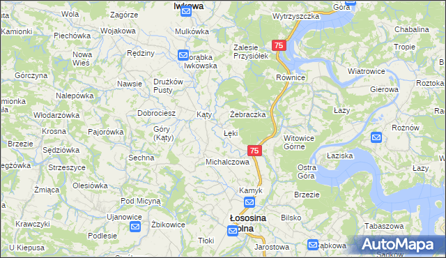 mapa Łęki gmina Łososina Dolna, Łęki gmina Łososina Dolna na mapie Targeo