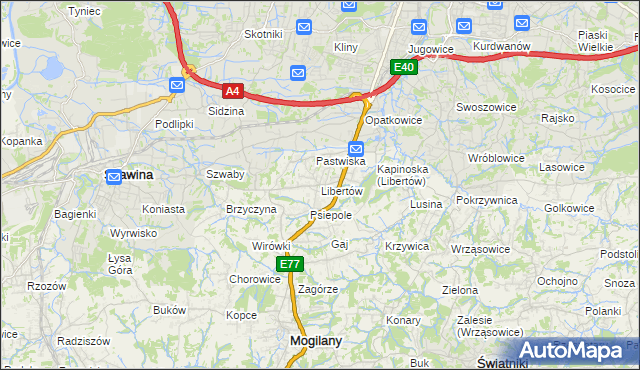 mapa Libertów gmina Mogilany, Libertów gmina Mogilany na mapie Targeo