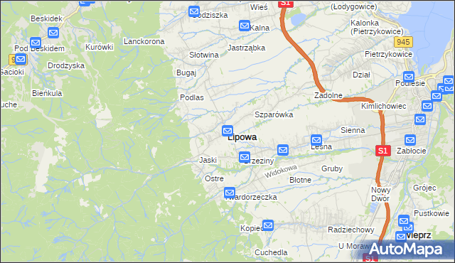 mapa Lipowa powiat żywiecki, Lipowa powiat żywiecki na mapie Targeo