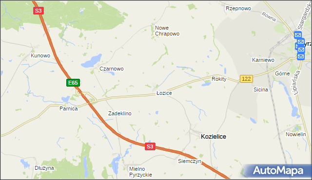 mapa Łozice gmina Kozielice, Łozice gmina Kozielice na mapie Targeo