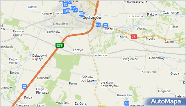 mapa Ludwinów gmina Jędrzejów, Ludwinów gmina Jędrzejów na mapie Targeo