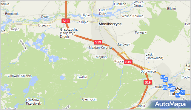 mapa Majdan gmina Modliborzyce, Majdan gmina Modliborzyce na mapie Targeo