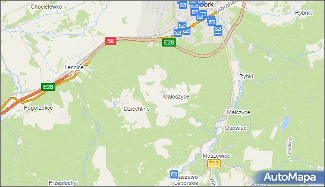 mapa Małoszyce gmina Nowa Wieś Lęborska, Małoszyce gmina Nowa Wieś Lęborska na mapie Targeo