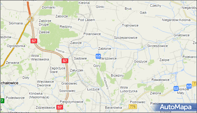 mapa Marszowice gmina Kocmyrzów-Luborzyca, Marszowice gmina Kocmyrzów-Luborzyca na mapie Targeo