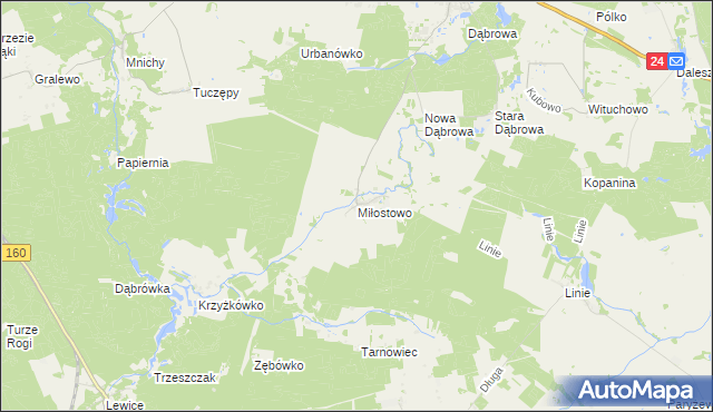 mapa Miłostowo gmina Kwilcz, Miłostowo gmina Kwilcz na mapie Targeo