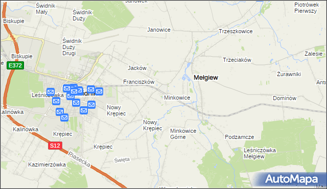 mapa Minkowice gmina Mełgiew, Minkowice gmina Mełgiew na mapie Targeo