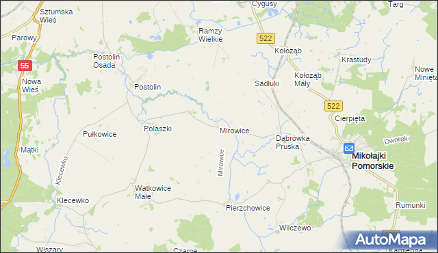 mapa Mirowice gmina Mikołajki Pomorskie, Mirowice gmina Mikołajki Pomorskie na mapie Targeo