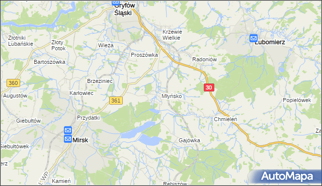 mapa Młyńsko gmina Gryfów Śląski, Młyńsko gmina Gryfów Śląski na mapie Targeo
