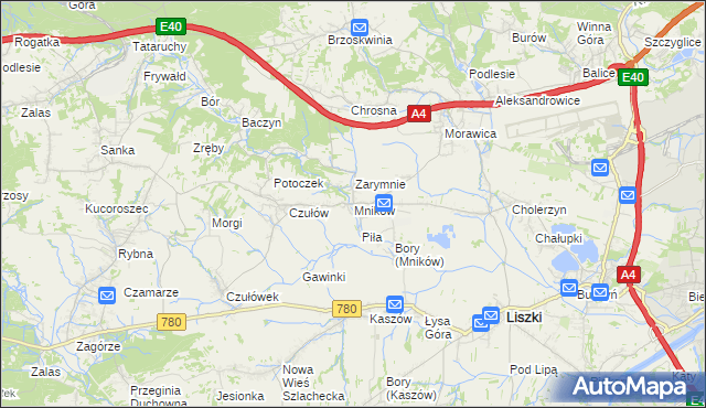 mapa Mników gmina Liszki, Mników gmina Liszki na mapie Targeo