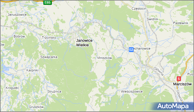 mapa Mniszków gmina Janowice Wielkie, Mniszków gmina Janowice Wielkie na mapie Targeo