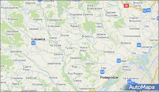 mapa Mokra Wieś gmina Podegrodzie, Mokra Wieś gmina Podegrodzie na mapie Targeo