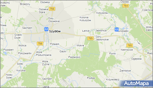 mapa Mokre gmina Szydłów, Mokre gmina Szydłów na mapie Targeo