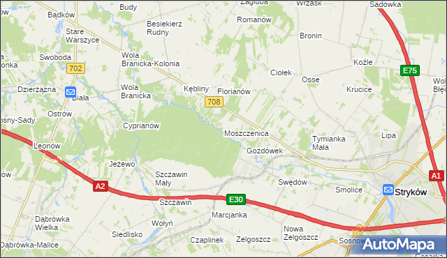 mapa Moszczenica gmina Zgierz, Moszczenica gmina Zgierz na mapie Targeo