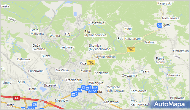 mapa Myślachowice, Myślachowice na mapie Targeo