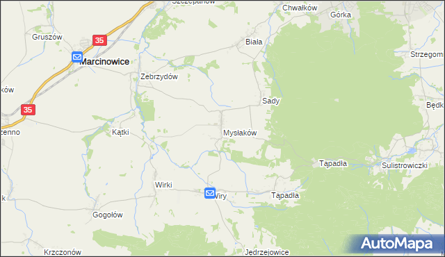mapa Mysłaków gmina Marcinowice, Mysłaków gmina Marcinowice na mapie Targeo