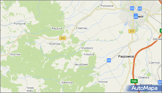mapa Myślibórz gmina Paszowice, Myślibórz gmina Paszowice na mapie Targeo