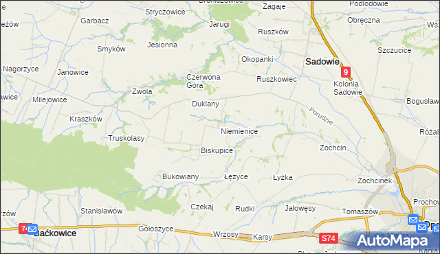 mapa Niemienice gmina Sadowie, Niemienice gmina Sadowie na mapie Targeo