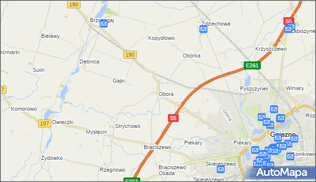 mapa Obora gmina Gniezno, Obora gmina Gniezno na mapie Targeo