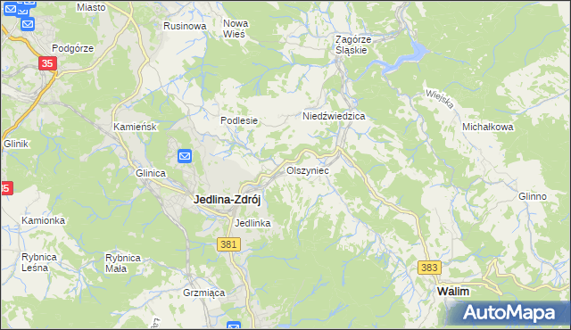 mapa Olszyniec gmina Walim, Olszyniec gmina Walim na mapie Targeo