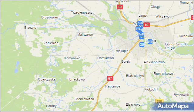 mapa Ośmiałowo gmina Lipno, Ośmiałowo gmina Lipno na mapie Targeo