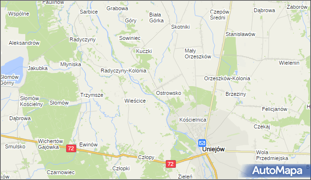 mapa Ostrowsko gmina Uniejów, Ostrowsko gmina Uniejów na mapie Targeo