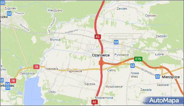 mapa Ożarowice, Ożarowice na mapie Targeo