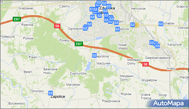 mapa Paprotnia gmina Zapolice, Paprotnia gmina Zapolice na mapie Targeo
