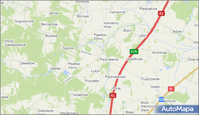 mapa Parzniewice, Parzniewice na mapie Targeo