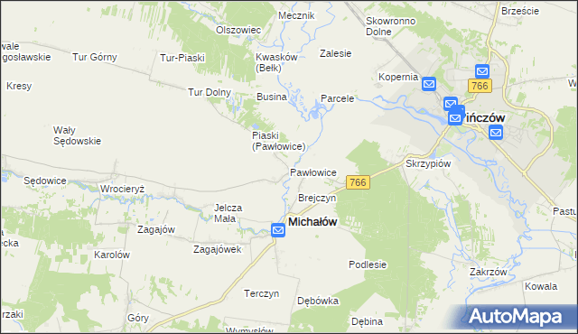 mapa Pawłowice gmina Michałów, Pawłowice gmina Michałów na mapie Targeo