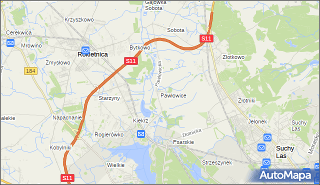 mapa Pawłowice gmina Rokietnica, Pawłowice gmina Rokietnica na mapie Targeo