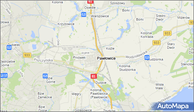 mapa Pawłowice powiat pszczyński, Pawłowice powiat pszczyński na mapie Targeo