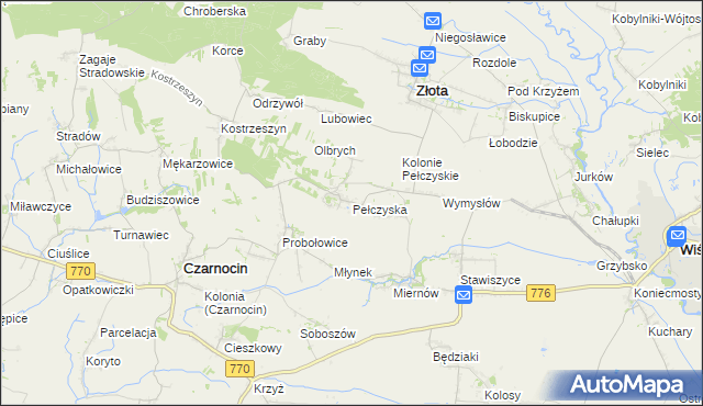 mapa Pełczyska gmina Złota, Pełczyska gmina Złota na mapie Targeo