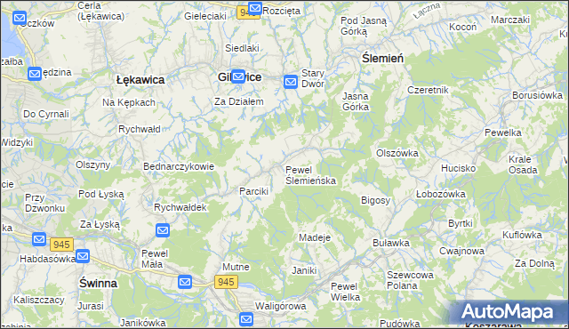 mapa Pewel Ślemieńska, Pewel Ślemieńska na mapie Targeo