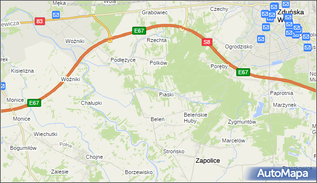 mapa Piaski gmina Zduńska Wola, Piaski gmina Zduńska Wola na mapie Targeo