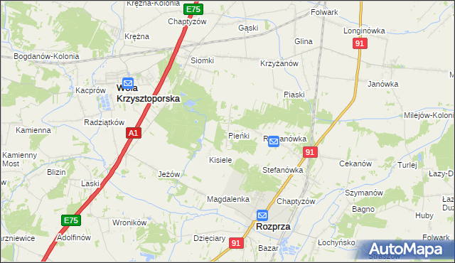 mapa Pieńki gmina Rozprza, Pieńki gmina Rozprza na mapie Targeo