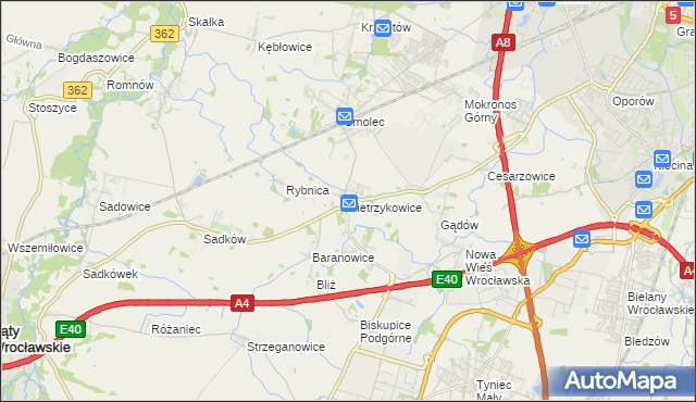 mapa Pietrzykowice gmina Kąty Wrocławskie, Pietrzykowice gmina Kąty Wrocławskie na mapie Targeo