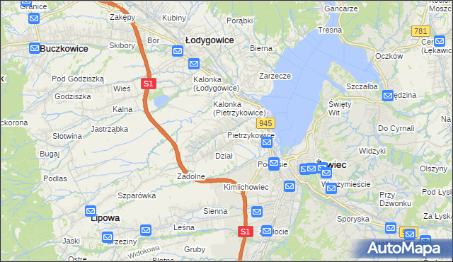 mapa Pietrzykowice gmina Łodygowice, Pietrzykowice gmina Łodygowice na mapie Targeo