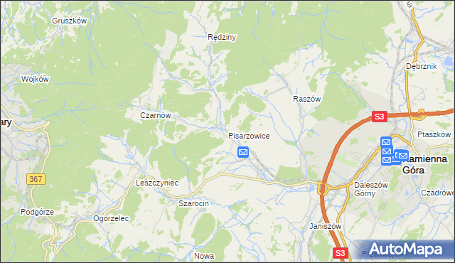 mapa Pisarzowice gmina Kamienna Góra, Pisarzowice gmina Kamienna Góra na mapie Targeo