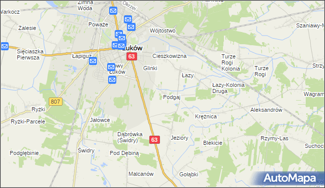 mapa Podgaj gmina Łuków, Podgaj gmina Łuków na mapie Targeo