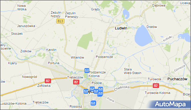 mapa Podzamcze gmina Łęczna, Podzamcze gmina Łęczna na mapie Targeo