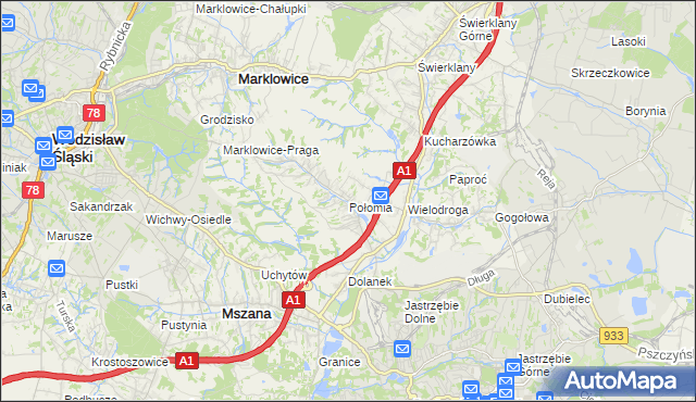 mapa Połomia gmina Mszana, Połomia gmina Mszana na mapie Targeo