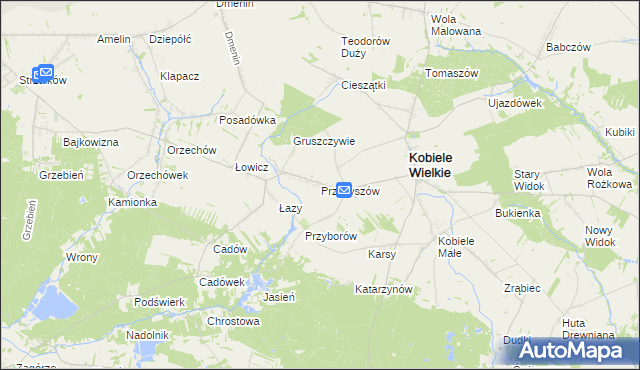 mapa Przybyszów gmina Kobiele Wielkie, Przybyszów gmina Kobiele Wielkie na mapie Targeo