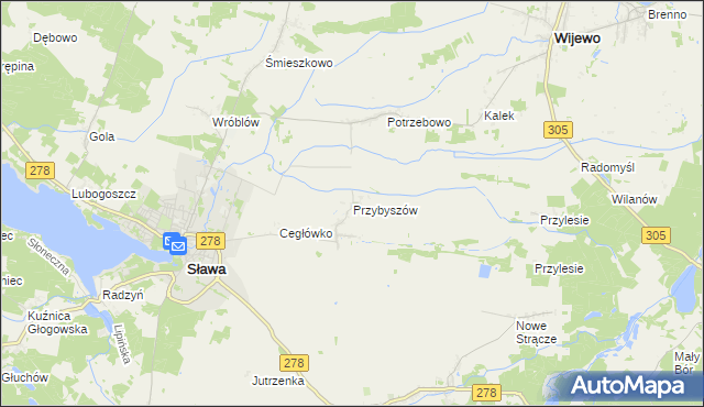mapa Przybyszów gmina Sława, Przybyszów gmina Sława na mapie Targeo