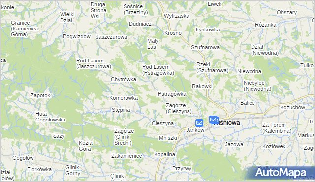 mapa Pstrągówka gmina Wiśniowa, Pstrągówka gmina Wiśniowa na mapie Targeo