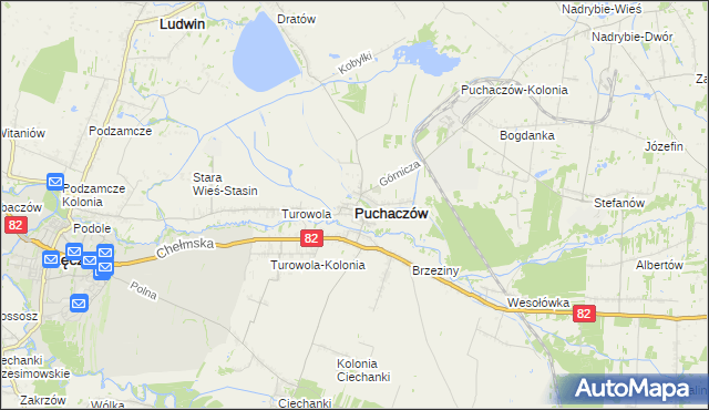 mapa Puchaczów powiat łęczyński, Puchaczów powiat łęczyński na mapie Targeo
