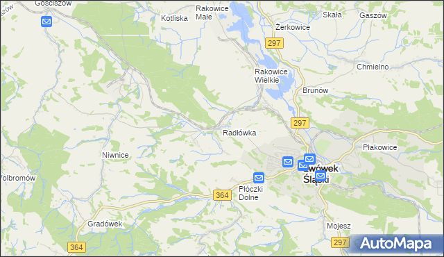 mapa Radłówka gmina Lwówek Śląski, Radłówka gmina Lwówek Śląski na mapie Targeo