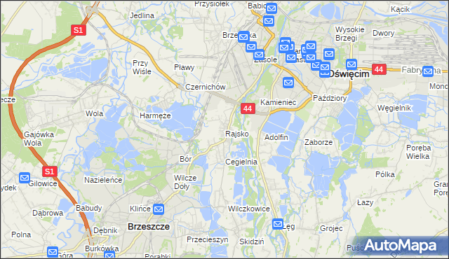 mapa Rajsko gmina Oświęcim, Rajsko gmina Oświęcim na mapie Targeo