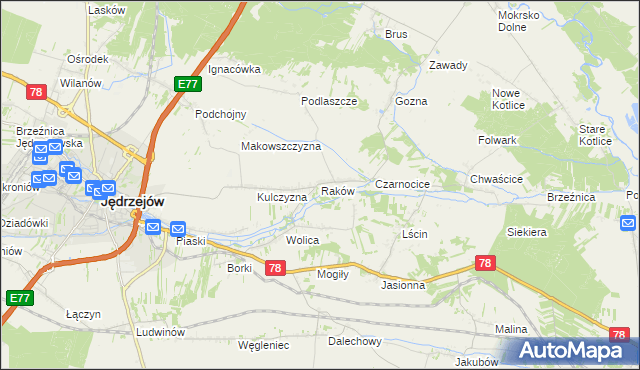 mapa Raków gmina Jędrzejów, Raków gmina Jędrzejów na mapie Targeo
